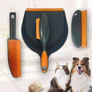 2 x Paws & Co. Pet Hair Remover for Dogs Cats - 4-in-1 Cleaning Kit with Grooming Brush, Massage Comb & Dustpan - Fur Cleaner for Furniture, Carpet, Car, Sofa