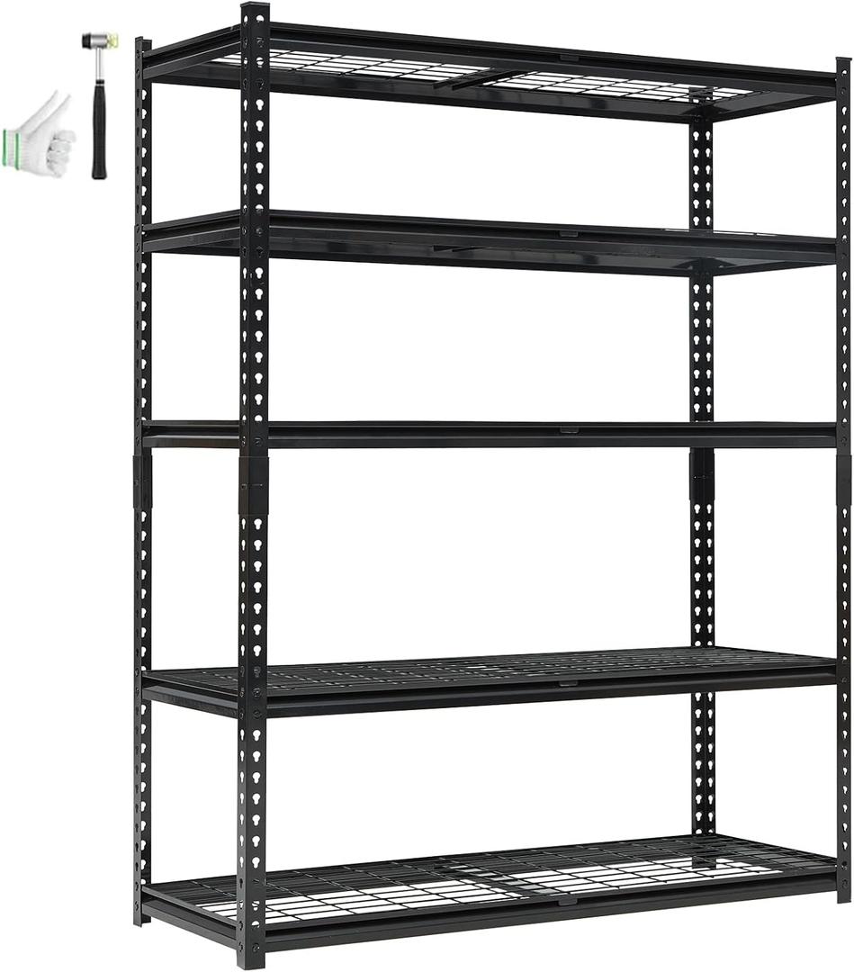 5 Tier Adjustable Utiliy Shelves, 2000 Lbs Heavy Duty Metal Garage Shelves, 60" L x 24" W x 72" H Inches Industrial Storage Shelves, Freestanding Shelving Units for Shed, Basement, Black