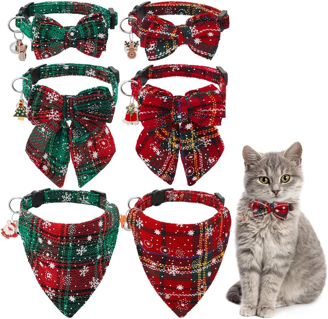 6 Pack Christmas Cat Collar with Bow Tie Bandana and Bell, Breakaway Adjustable Cat Bow Tie Collars, Xmas Accessories for Kittens Or Certain Puppies