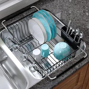 Dish Drying Rack Over the Sink In Stainless Steel Black Expandable Drainer for Small Kitchen, Counter Space Saving Compact Inside Sink Plate Dryer, Adjustable Hanging Metal Wire Strainer Drain Holder (Black)