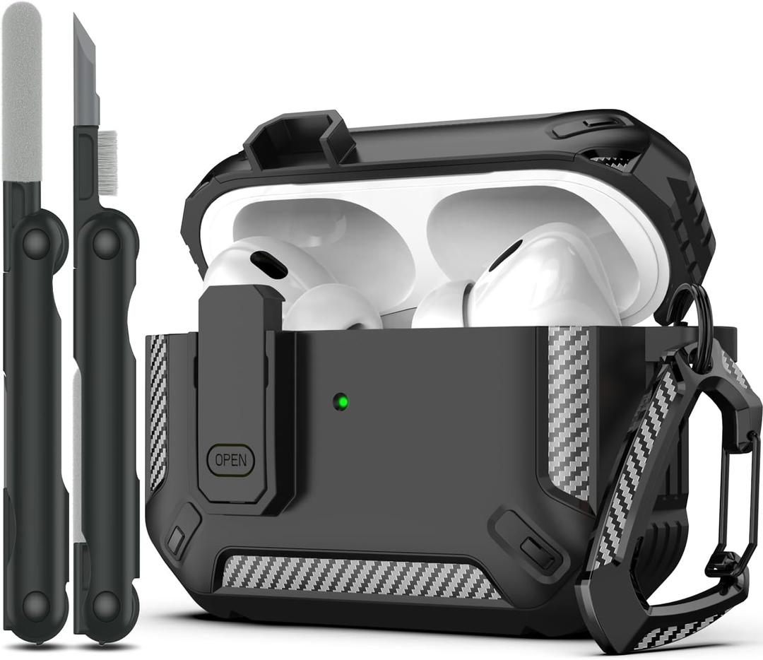 RFUNGUANGO for AirPods Pro Case Cover with Cleaner Kit, Military Hard Shell Protective Armor with Lock for AirPod Pro Charging Case, Front LED Visible,Black