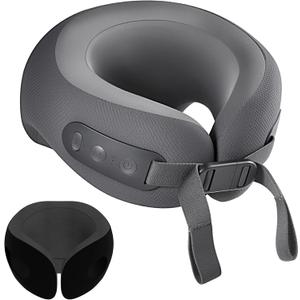 Heated Travel Neck Pillow with Vibrating for Airplane, Memory Foam | Ergonomic Memory Foam Neck and Head Support, 3 Heat & 3 Vibrating Levels, Adjustable fit, Soft Washable Cover