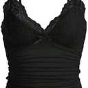 LOFAAC Women Sexy Y2K V Neck Lace Patchwork Cami Shirt Cute Slim Fit Sleeveless Spaghetti Strap Going Out Camisole Tank (Large, Black)