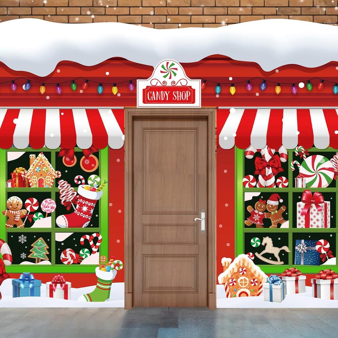 3 Pcs 157" Large Christmas Door Decorations Christmas Candy Shop Party Porch Sign Banner Front Door Cover Xmas Candy Cane Background for Holiday Party Office Classroom Photo Props Backdrop Decor