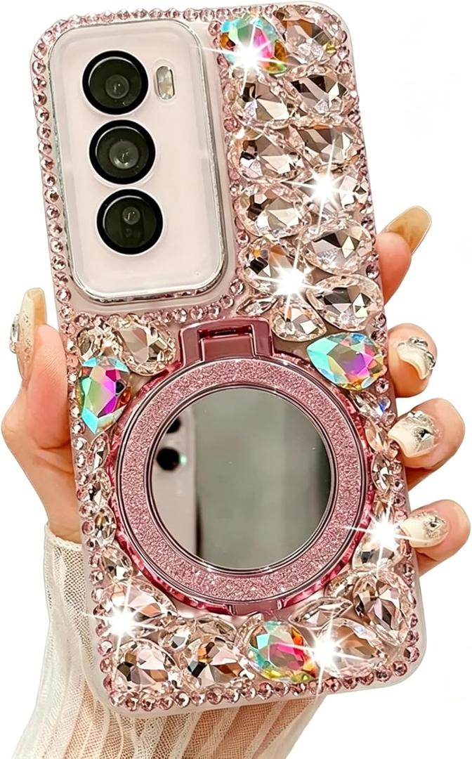 for Samsung Galaxy A36 5G Case with Sparkling Diamonds,Luxury Bling Glitter Design with Magsafe Ring Kickstand and Mirror for Women Girls (Pink)