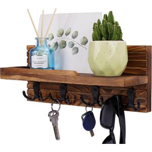 Decorative Key Hanging Rack with 4 Double Hooks Easy Install Natural Wooden Key and Mail Holder for Wall Mount Entryway Decor Rack with Shelf (Brown)