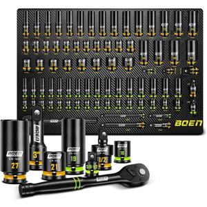 BOEN Pro 80-Pieces 1/2" & 3/8" Drive Master Impact Socket Set, 6 Point Metric Deep & Shallow Sockets (8-32mm), Cr-Mo, Includes 1/2" Drive 90-Tooth Handle Wrench for High-Torque Applications