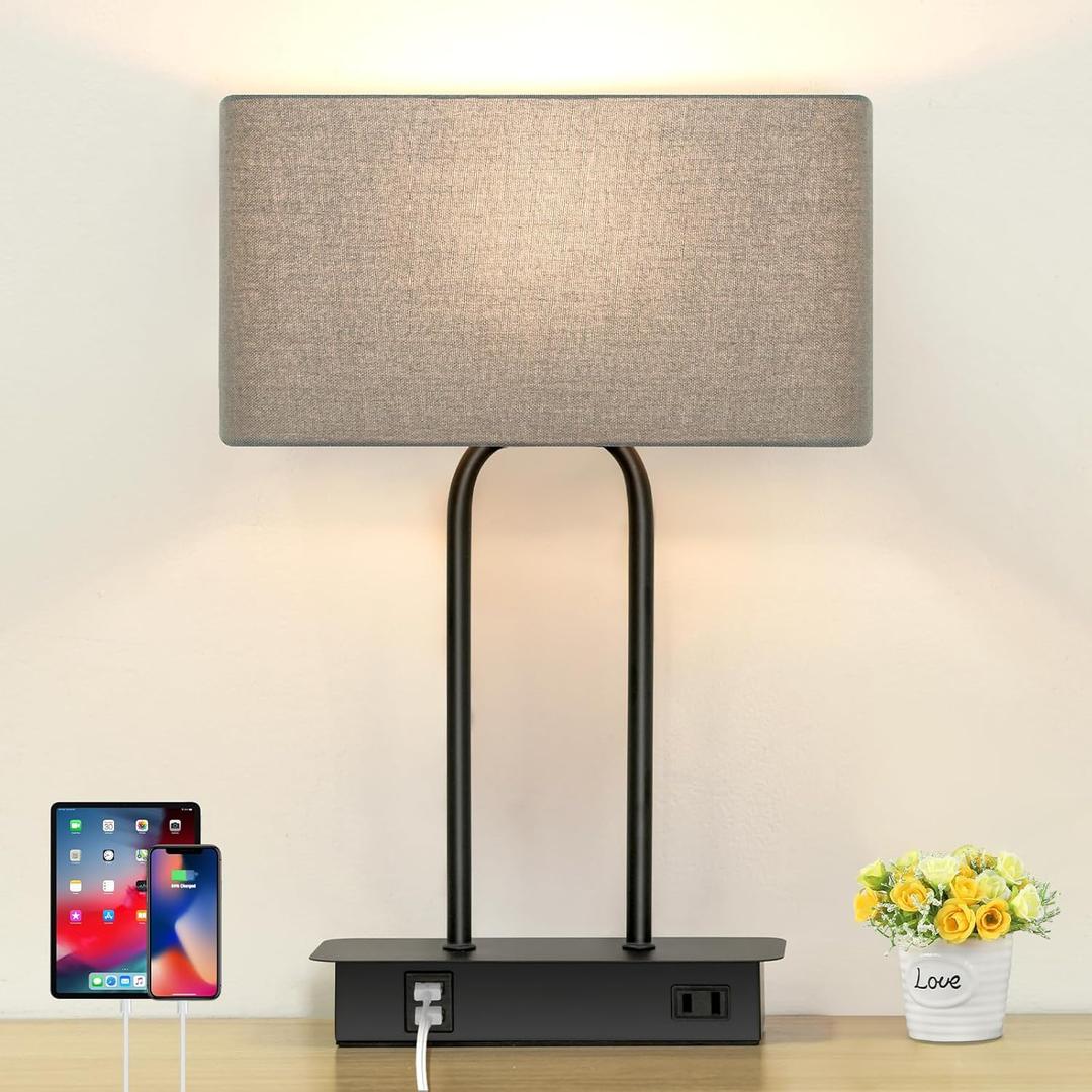 3-Way Dimmable Touch Control Table Lamp with USB Ports and AC Power Outlet Modern Bedside Nightstand Lamp Fabric Shade and Metal Base for Guestroom Bedroom Living Room LED Bulb Included Warm White (Gray)