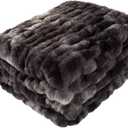 Oversized Ruched Faux Fur Blanket - 60x80-Inch Jacquard Faux Fur Queen-Size Throw for Sofas and Beds - Luxurious Bedding by Lavish Home (Black)