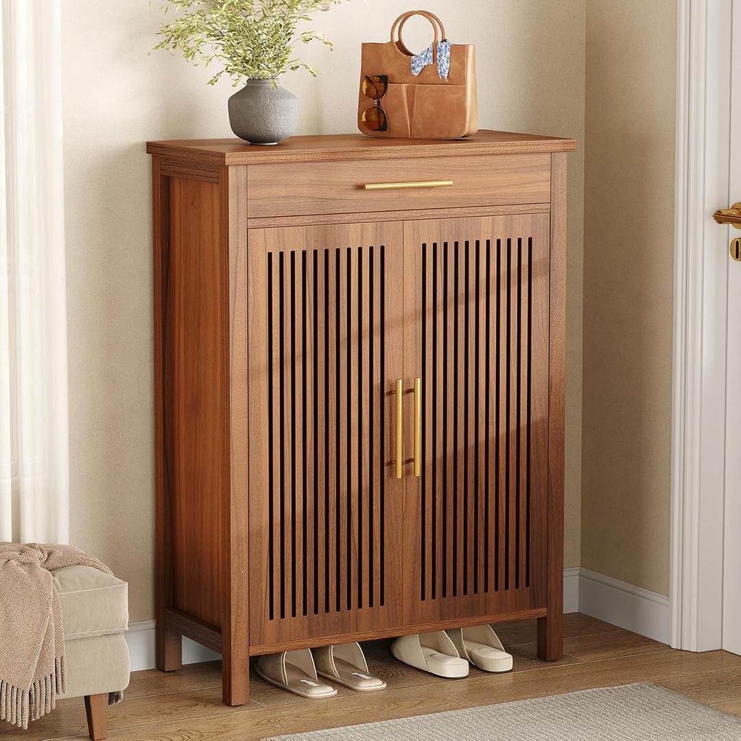 LITTLE TREE Narrow Storage Shoe Rack, 6-Tier Wooden Shoe Cabinet with Drawer, Freestanding Slim Shoe Cabinet Shoe Organizer for Entryway, Hallway, Closet, Bedroom, Living Room, Brown