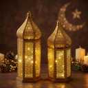 Kittmip Set of 2 Ramadan Lanterns Eid Decorations 16" 14" LED Large Candle Lantern Vintage Gold Metal Moroccan Lanterns with Lights Ramadan Decor for Table, Wall, Patio, Porch, Indoor Outdoor Home