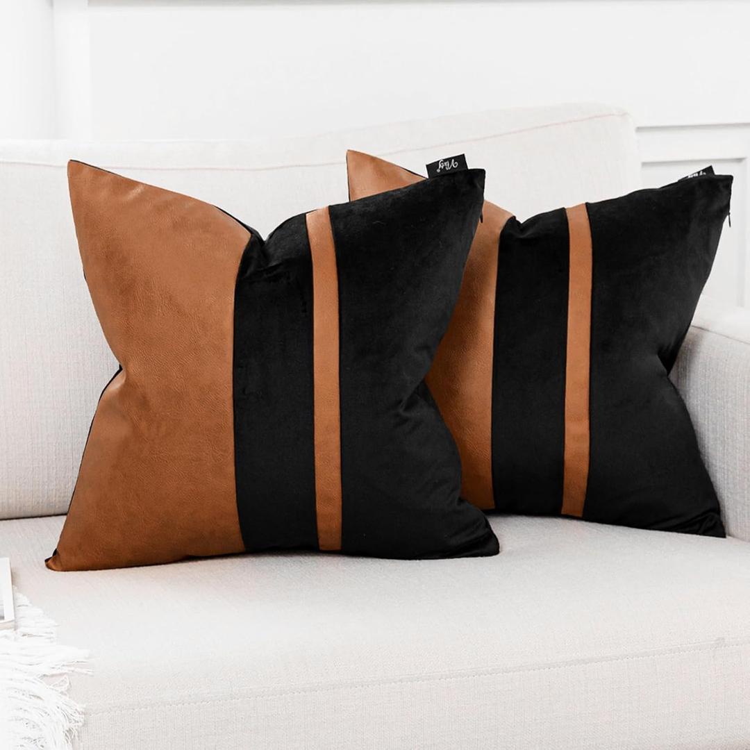 Set of 2 Black and Brown Decorative Throw Pillow Covers 20x20 Inch Faux Leather and Velvet Patchwork Pillow Cover,Modern Farmhouse Accent Pillow Case for Living Room Couch Bed Boho Home Decor