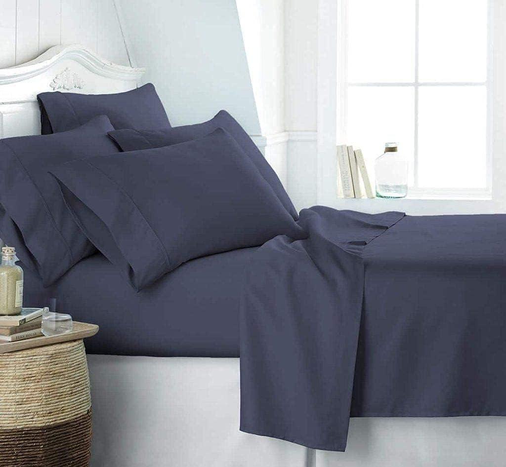 LaxLinen- Egyptian Cotton 6 PCs Sheet Set (+18 Inch) Extra Deep Pocket Queen Bed Size, Navy Blue Solid 600 Thread Count