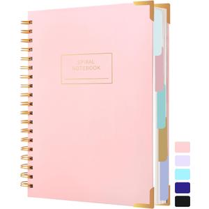 Yoment Hardcover Spiral Notebooks for Work School, B5 Journal Notebook with Tabs Dividers, Multi 5 Subject Notebook College Ruled, 240 Pages Lined Journal for Women, Pink