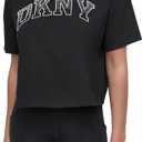 DKNY womens Rhinestone Logo Short Sleeve Cropped Loose Fit T-shirt (Large, Black/White/Silver)