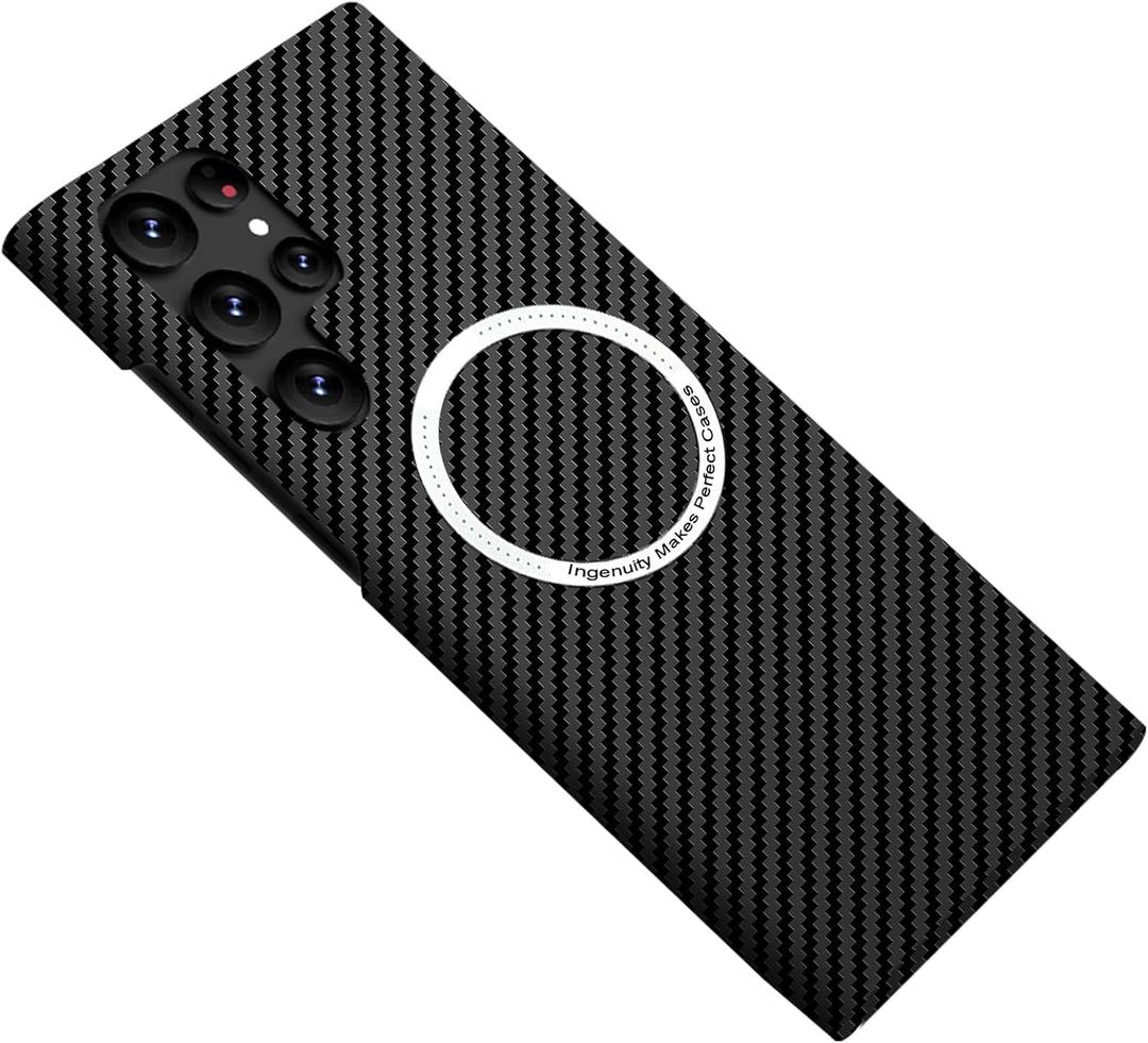 Magnetic Case for Samsung Galaxy S24 Ultra, Compatible with MagSafe Carbon Fiber Slim Thin Lightweight Aramid Fiber PC Back Anti Scratch Drop Protection Rugged Shockproof Cover, Black