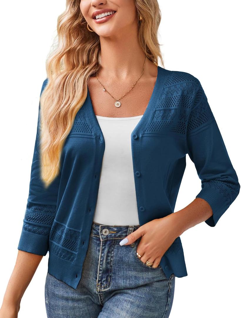 GRACE KARIN Women's Cropped Cardigan 3/4 Sleeve Lightweight Crochet Shrug Hollowed-Out Knit Sweater Tops, Navy Blue, S