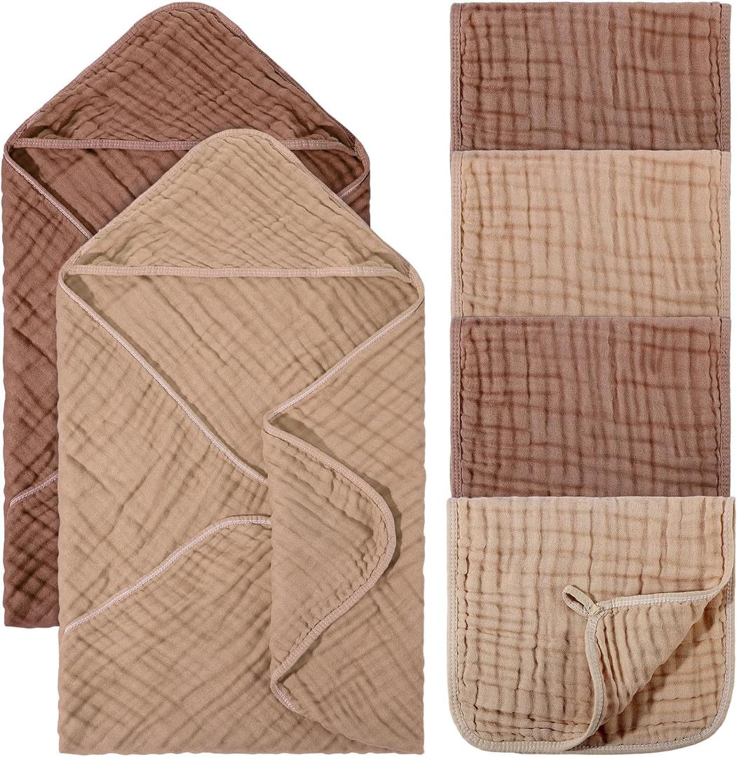 VitalCozy 6 Pcs Baby Muslin Hooded Bath Towels and Washcloths Muslin Cotton Hooded Baby Towels Absorbent Blankets for Gift Newborn Infant Shower (32 x 32 Inch,Brown,Coffee)
