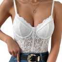 COZYEASE Women's Lace Bustier Cami Bodysuit Plain Sleeveless Slim Fit Sheer Mesh Corset Top Romper (Medium, White)