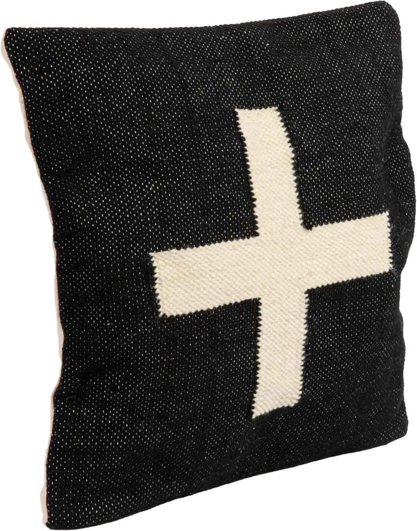 Creative Co-Op Wool Blend Pillow with Swiss Cross, Black and Cream