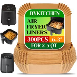 BYKITCHEN 300PCS Small Air Fryer Disposable Liners for 2 to 5QT Airfryer, Square Mini Air Fryer Parchment Paper Liners, Compatible with CHEFMAN 2 QT/ 4 QT, Cosori 2.1QT, Instant Pot Vortex 4Qt& More