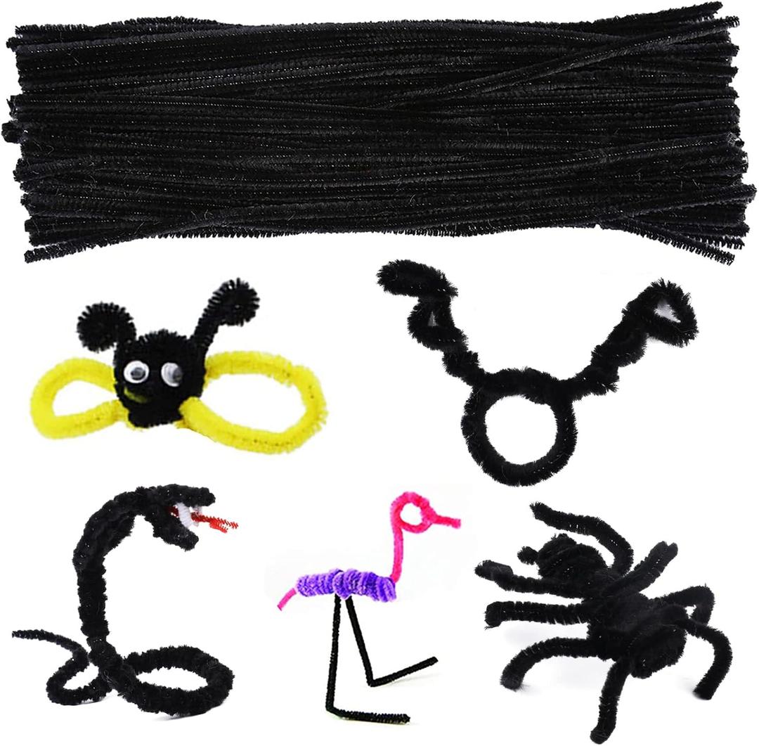 100 Pieces Pipe Cleaner Chenille Stem, Black Pipe Cleaners for Hair, Pipe Cleaners Set for DIY Arts Crafts Decorations (Black)