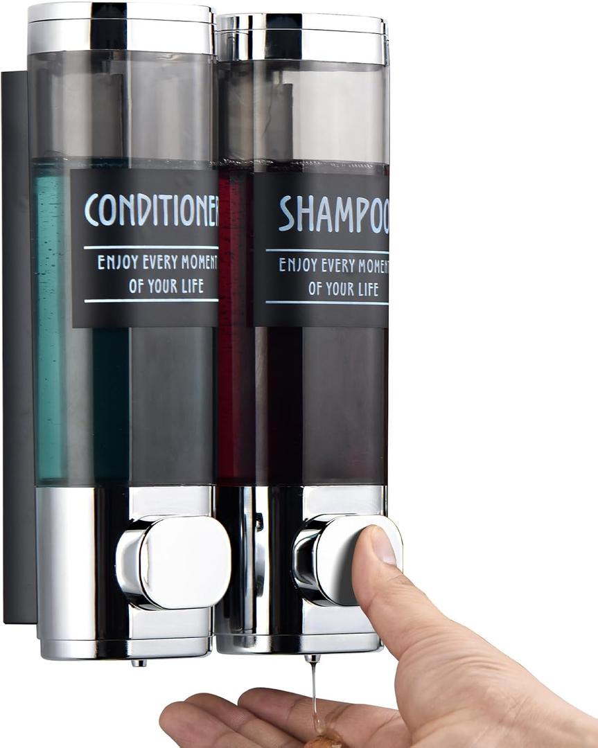 Shampoo and Conditioner Dispenser,GlintGath Shower Dispenser 2 Chamber No Drill Shampoo Dispenser for Shower Wall Mounted Shower Soap Dispenser for Bathroom Hotel,2 * 300ML,Chrome