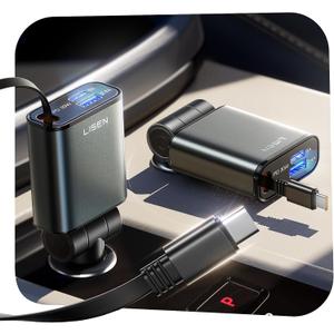 LISEN Car Charger USB C Fast Charge, Retractable Car Charger USB C [Ultra-Compact] for Car Accessories for Women Men Phone Type C Charging for iPhone 17 Pro Max 16 15 Samsung S26 S25, MacBook Neo