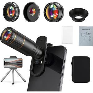 Phone Camera Lens Kit Upgraded Version  Includes 22X Telephoto Lens, 205 Fisheye Lens, 0.67X Wide Angle Lens, 25X Macro Lens, Clip & Mini Tripod for iPhone and Android Phones