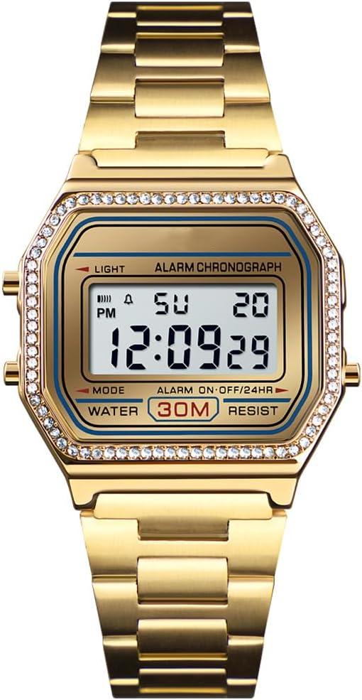 PASOY Men's Digital Gold Stainless Steel Watch Backlit Multifunction Stopwatch Waterproof Sport Watches
