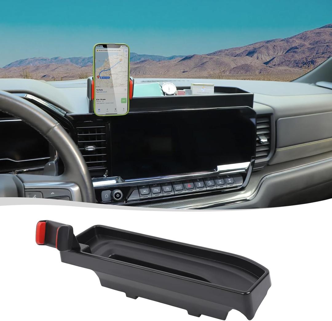 Voodonala for Chevy Silverado ZR2 Center Console Dash Storage Tray with Phone Holder Compatible with 2022-2025 Chevy Silverado ZR2 1500/ 2500HD/ 3500HD(Updated Screw Fixing)