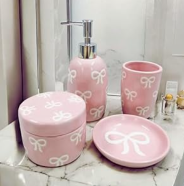Pink Bathroom Set, 4 Pcs Ceramic Bathroom Accessory Sets - Soap Dispenser, Tumbler Toothbrush Holder, Vanity Soap Tray, Cotton Swab Jars - Pink Bathroom Decor Gift for Her (Pink)