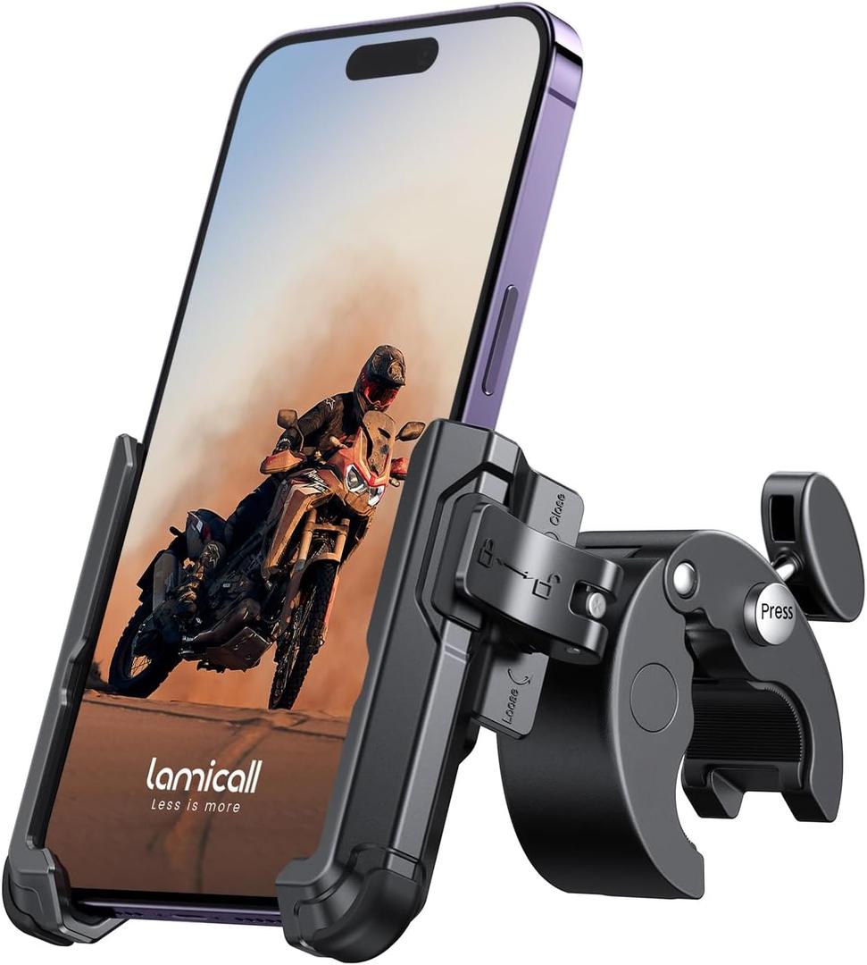 Lamicall Motorcycle Phone Mount Holder - [Camera Friendly] [1s Lock] Bike Phone Holder Handlebar Clamp, Bicycle Scooter Phone Clip, Gifts for iPhone 17, 16, 15 Pro Max, Galaxy S25 Ultra, 4.7-7" Phones (Black)