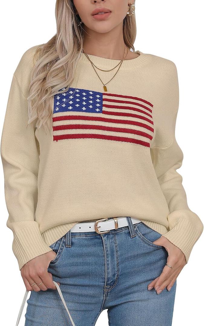 Womens American Flag Sweater Long Sleeve Crew Neck Knitted Casual Pullover Sweater (M)