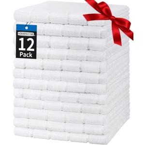 HOMERHYME Hand Towels, 12 Pack 25''*15'' White Microfiber Kitchen Bathroom Hand Towels, All-Purpose Quick Dry Lint Free Soft Absorbent Bulk Checkered Washcloth Bath Towels for Travel Gym Hotel