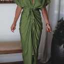 Women Elegant Satin Button Down Short Sleeve Maxi Shirt Dress with Belt (Small, 01-army Green)