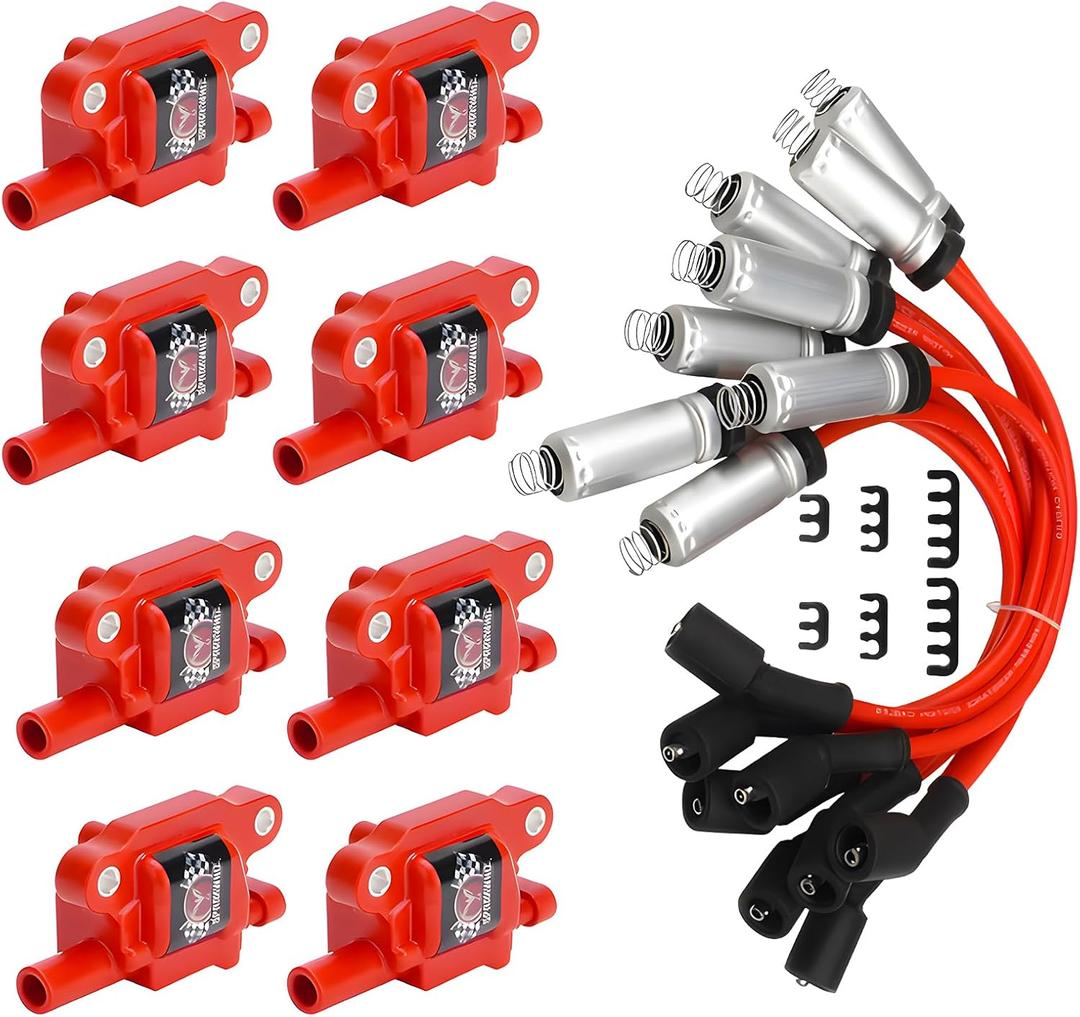 UF413 Ignition Coil & Spark Plug Kit (Square Type) 8-Piece Set for 2005-2016 GM V8 Vehicles Compatible with Chevy Silverado/Tahoe, GMC Sierra/Yukon, Cadillac Escalade UF-413, D510CRed)