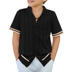 Arshiner Boys Knit Shirts Short Sleeve Button Down Shirt Vintage Fashion Casual Summer Beach Shirts for Kids 4-5T Years (Black)