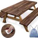 Picnic Table Cover with Bench Covers Elastic Edges, Brown Wood Fitted Table Cover, Outdoor Patio Camping Essentials 72 Inch 3PCS, Waterproof Camping Fitted Tablecloth with Drawstring Bag