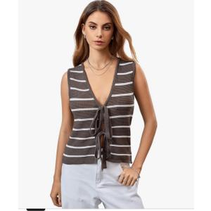 RoseSeek Women's Bow Tie Front Striped Sweater Vest V Neck Sleeveless Knit Vests,L
