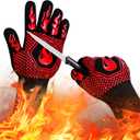 BBQ Fireproof Gloves, Grill Cut-Resistant 1472F Heat Resistant Gloves, Non-Slip Silicone Oven Gloves, Kitchen Safe Cooking Gloves for Oven Mitts,Barbecue,Cooking, Frying,13.8 Inch-Red