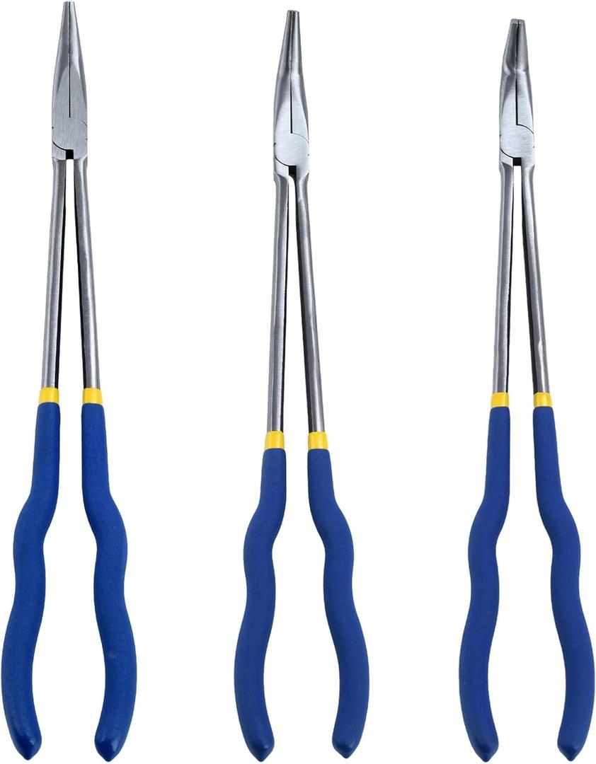 16-Inch Long Reach Pliers Set - Multi-Purpose Straight & Bent Nose Pliers (3PCS)