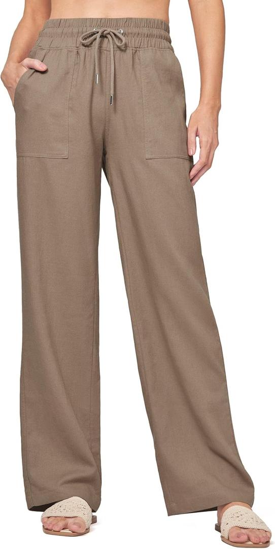 Willit Women Linen Pants Wide Leg Casual Palazzo Pants Cotton Linen Lounge Beach Summer Pants with Pockets 29"/31"/ 33" (Large, Deep Khaki)