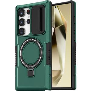 for Samsuung Galaxy S24 Ultra Magnetic Case [Compatible with MagSafe] with Camera Cover & Magnetic Ring Kickstand, Military Grade Heavy Duty Case for Samsung S24 Ultra 6.8'', Green