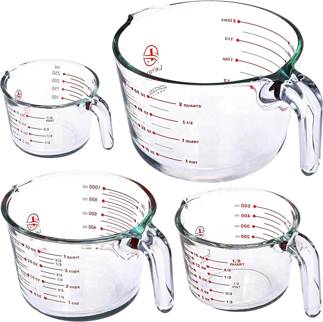Leraze Glass Measuring Cups Set of 3 Heat-Resistant, Easy-Read Measurements, Ergonomic Handle & Pour Spout, Dishwasher Safe, Kitchen Bakeware Liquid Batter Mixing Bowls (1 cup,  4 cup, 8 Cup)