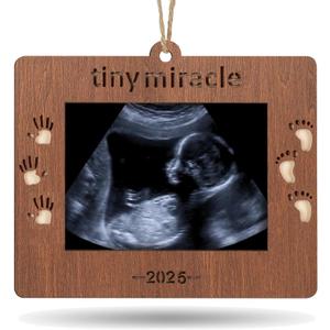 2025 Sonogram Picture Frame Tiny Miracle Ultrasound Christmas Ornament,Baby's First Wooden Christmas Keepsake Christmas Tree Decoration for Expecting Parents and Grandparents