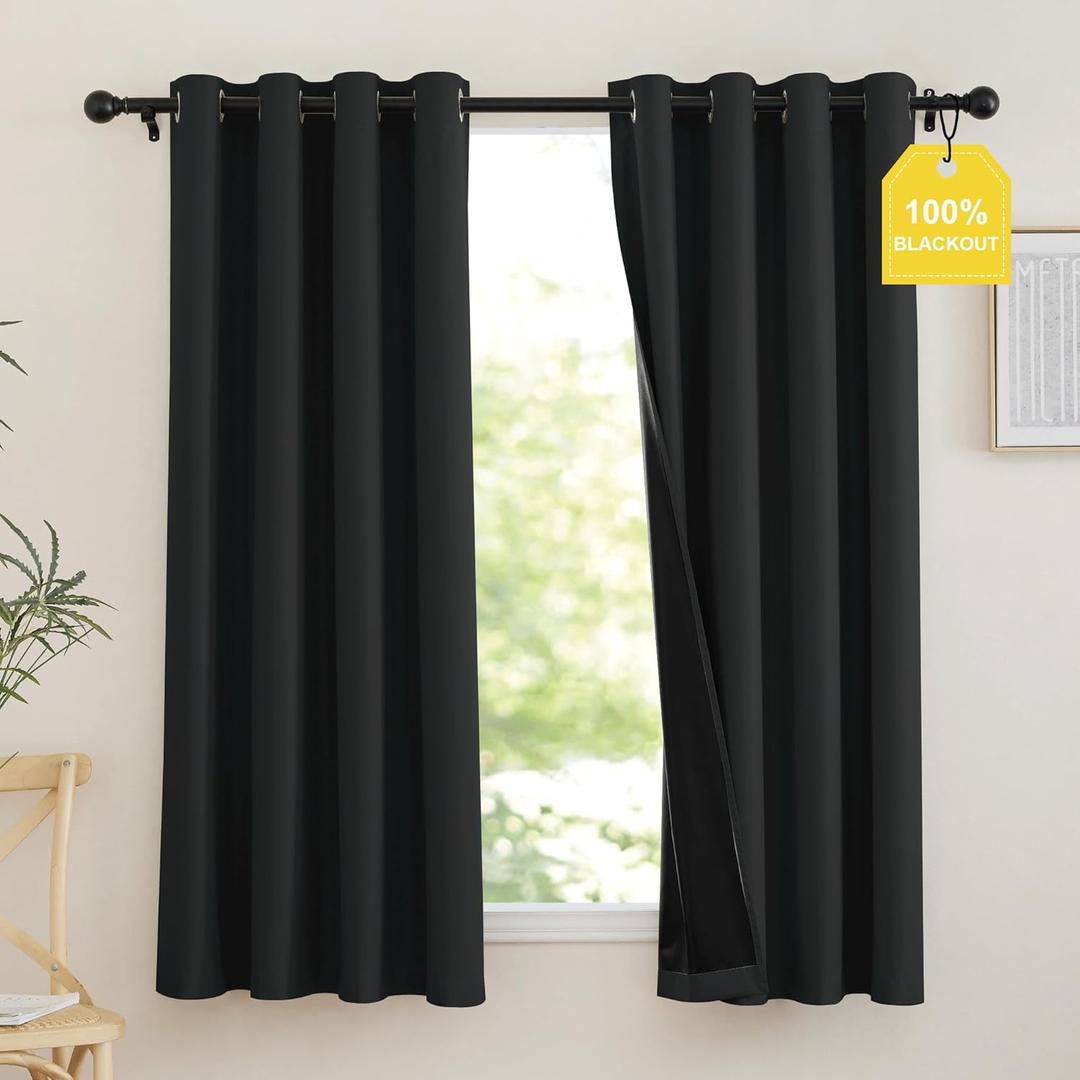 NICETOWN 100% Blackout Curtains 63 inch Long, Grommet Lightweight Thermal Curtains Portable Window Treatments Total Privacy Blackout Shades for Travel, Jet Black, W52 x L63, 2 Panels
