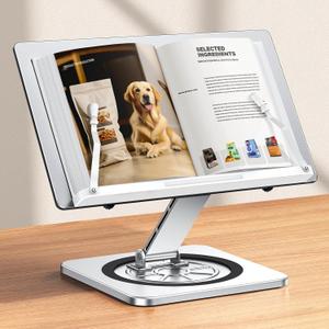360 Rotating & Adjustable Book Stand for Reading, Book Holder with Elastic Page Clips for Thick Books, Cookbook Stand for Kitchen Counter, Recipe/Textbook/Music Scores Stand for Desk
