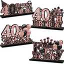 4pcs 40th Birthday Decorations Wooden Table Centerpieces for Women, Rose Gold Pink 40th Birthday Table Sign Party Supplies, Hello Forty Cheers to 40 Years Bday Table Decor
