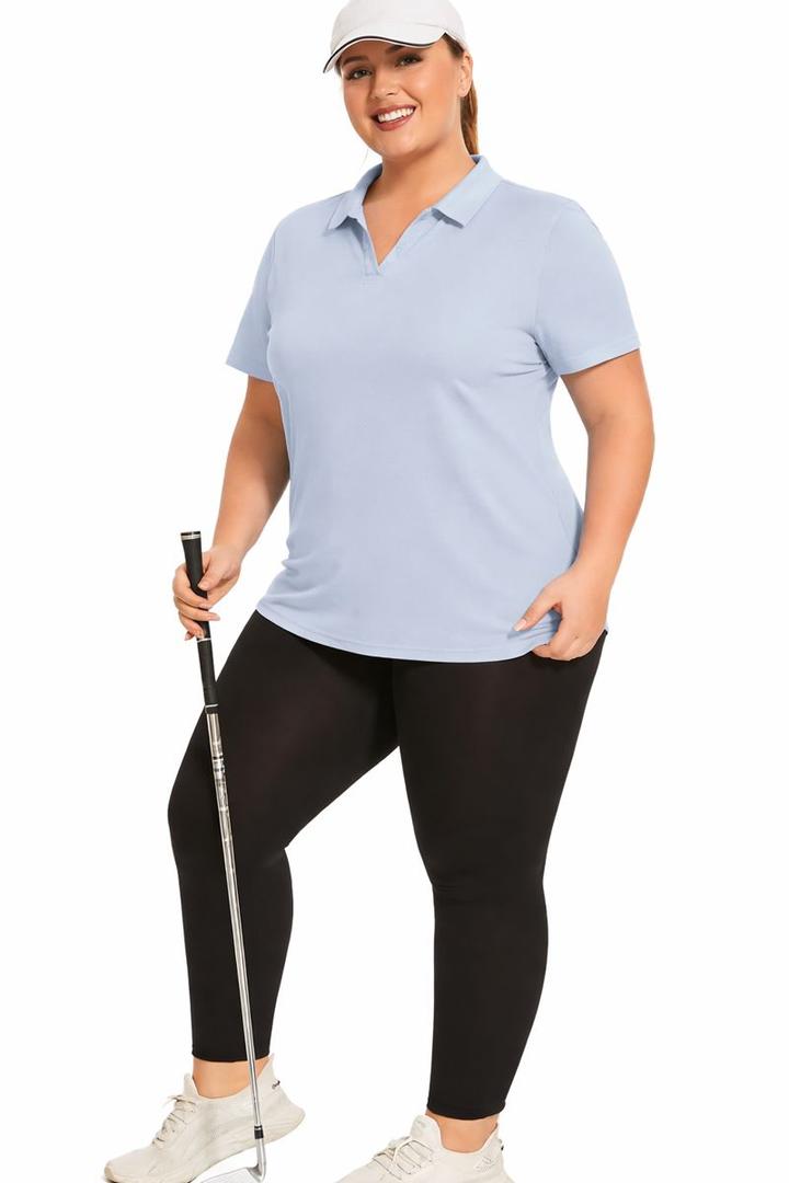 Gyrans Plus Size Polo Shirts for Women Short Sleeve Golf Shirts V Neck Loose Fit Tennis Shirts QuickDrying Workout Tops Light Grey, 2XL
